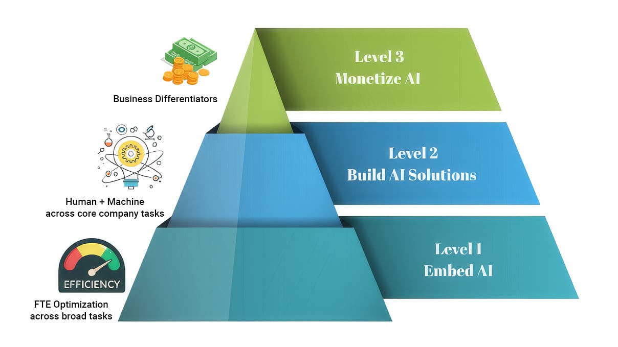 Pyramid diagram illustrating three AI adoption levels: Embed, Build Solutions, Monetize, with their benefits.