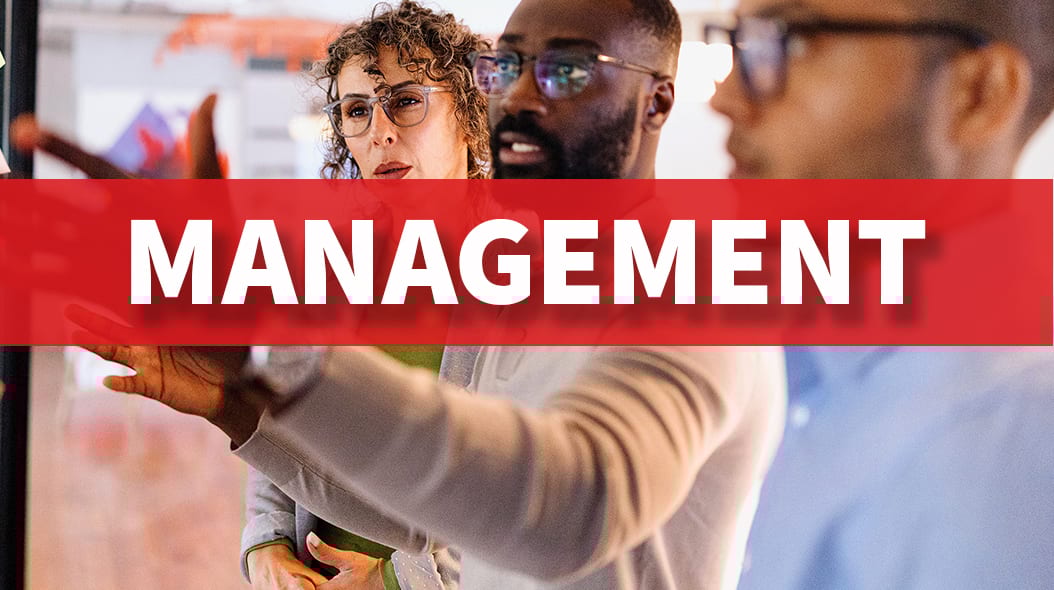 Diverse professionals discussing in a meeting, with "MANAGEMENT" text overlay.