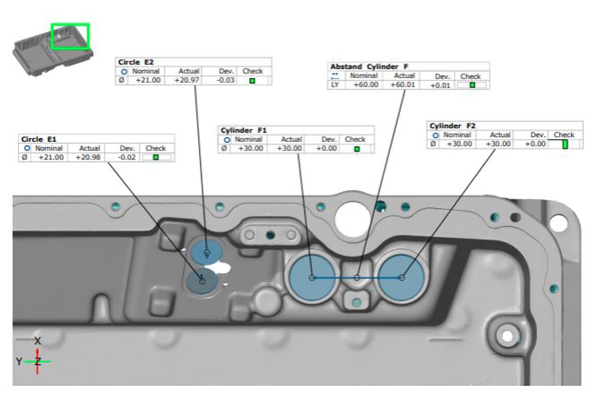 Inspecting battery tray connection holes is faster and more effective by analyzing an accurate digital twin of the part inside 3D metrology software.