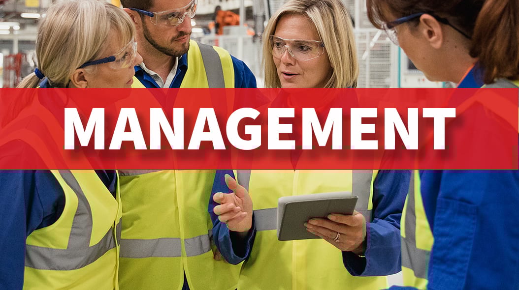 Group in safety gear discussing, one with tablet. "MANAGEMENT" text overlay.