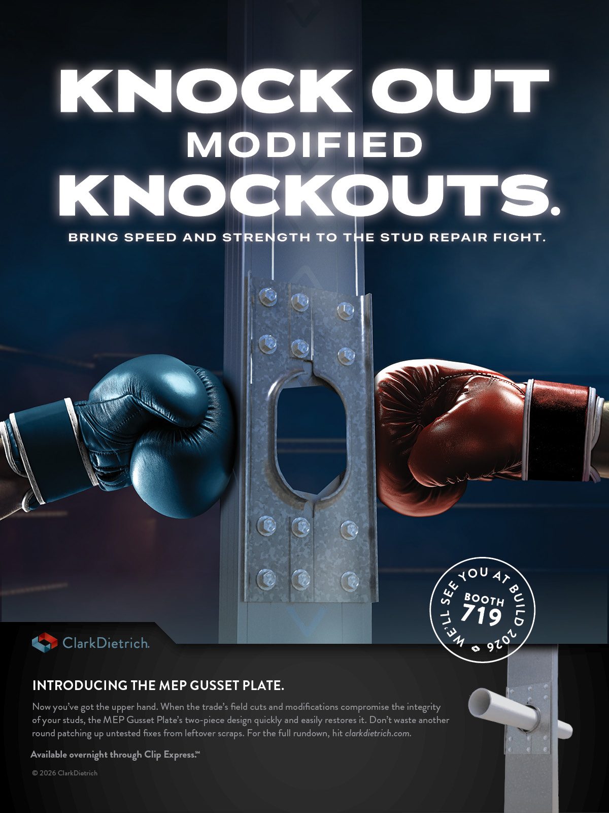 Boxing gloves punch a metal stud, advertising the MEP Gusset Plate for repairing modified knockouts.