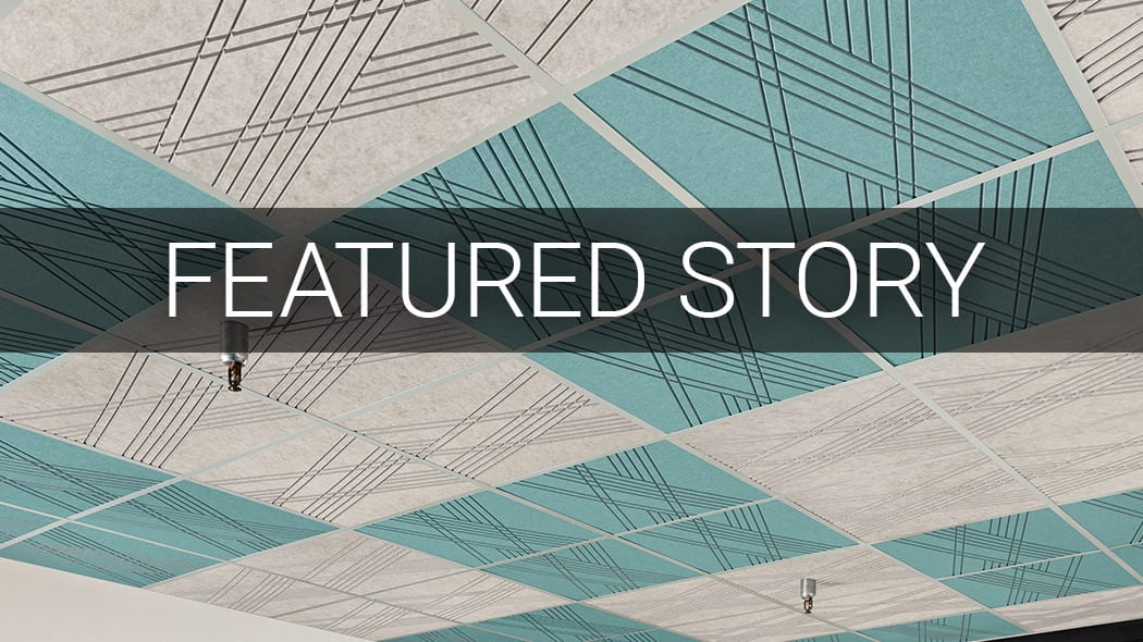 White text "FEATURED STORY" on a dark banner over a blue and beige patterned ceiling.