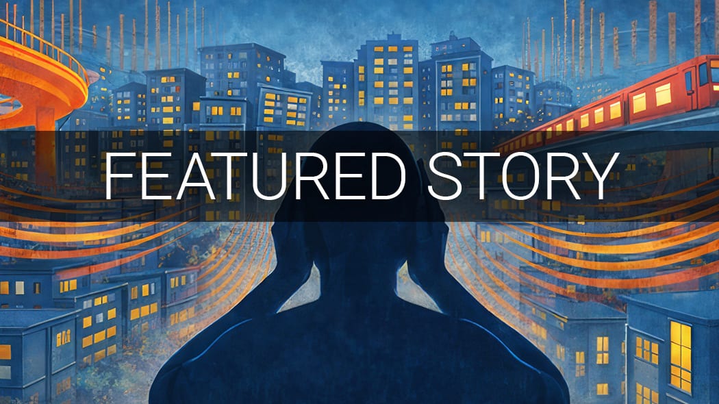 Person's silhouette in a vibrant, futuristic city with glowing buildings and train, "FEATURED STORY" text.