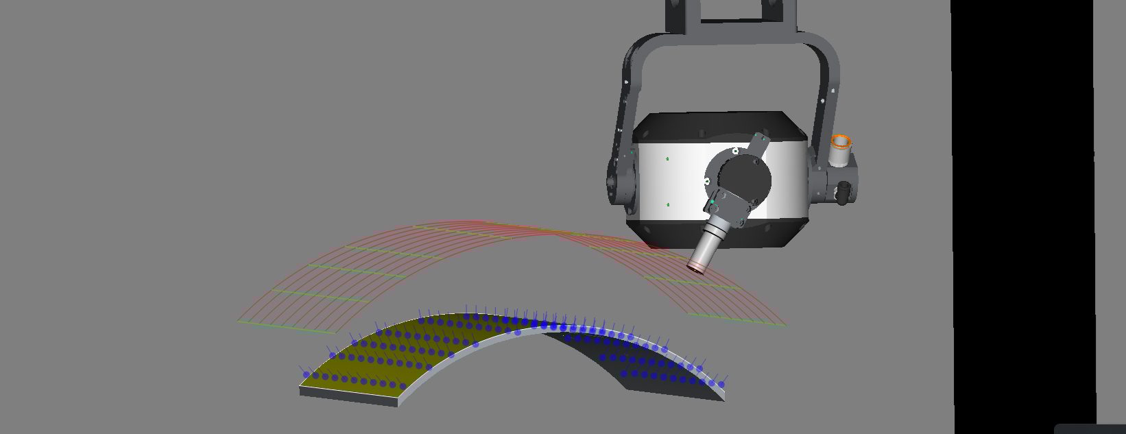 Robotic arm scanning a curved surface, displaying measurement points and tool paths in a CAD rendering.