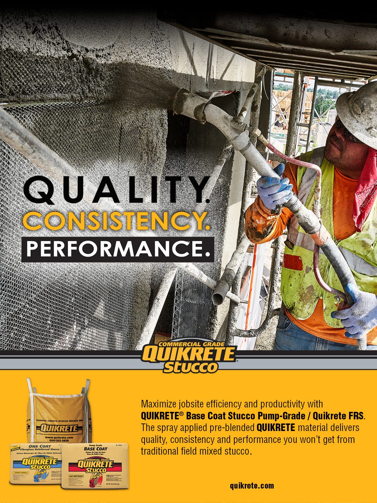 Worker sprays QUIKRETE stucco for quality and consistent performance. Products shown for jobsite efficiency.