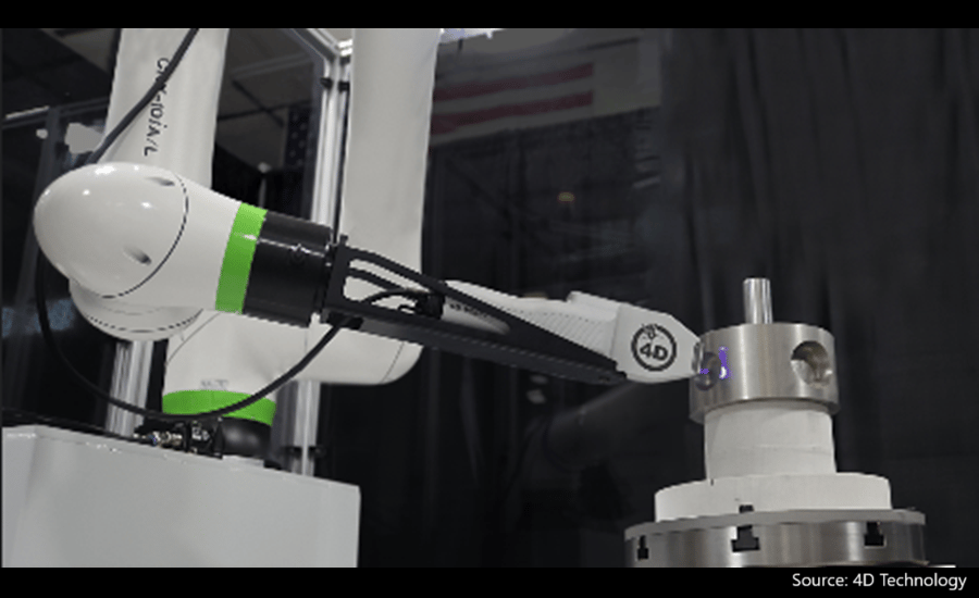 A white robotic arm with a "4D" logo gripper inspects a metallic part.