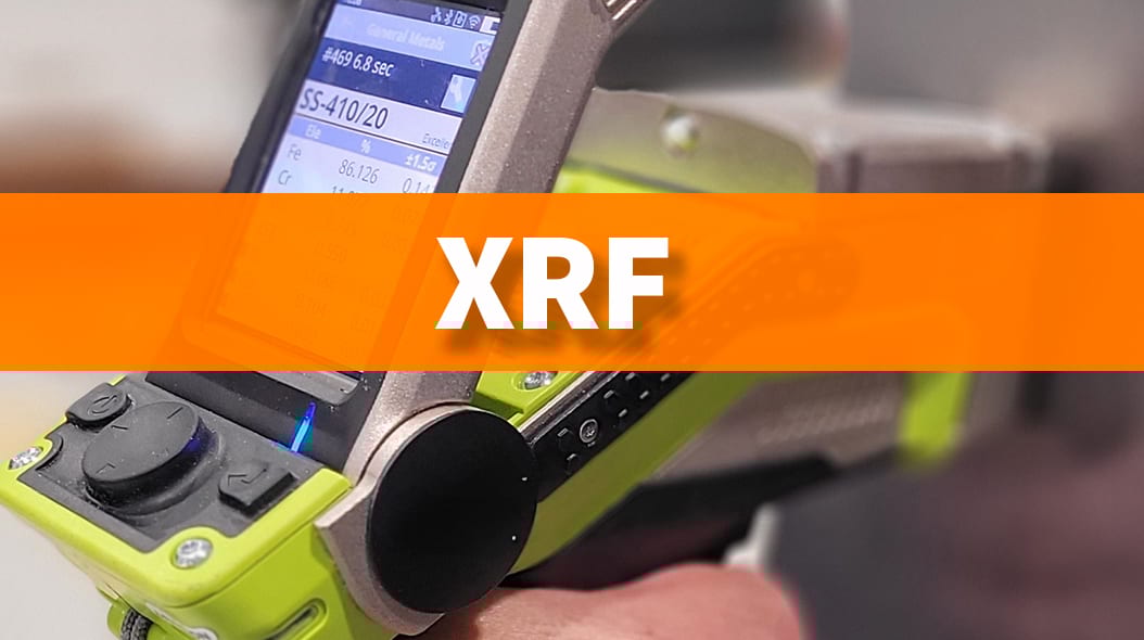 Handheld XRF device showing material analysis (Fe, Cr percentages) with "XRF" text overlay.