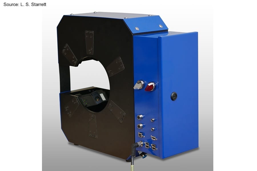 Blue and black C-frame metrology or inspection machine with optical sensors.