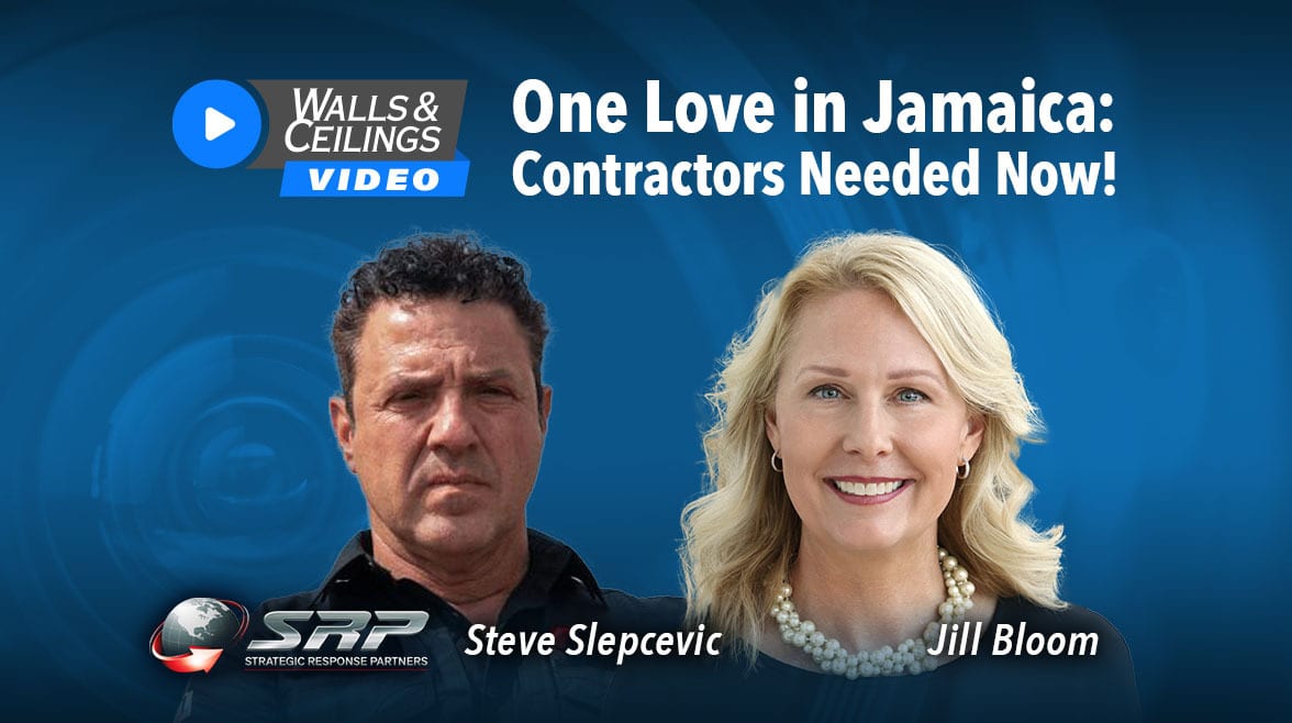 Two people, "Steve Slepcevic" and "Jill Bloom," flank text "One Love in Jamaica: Contractors Needed Now!"