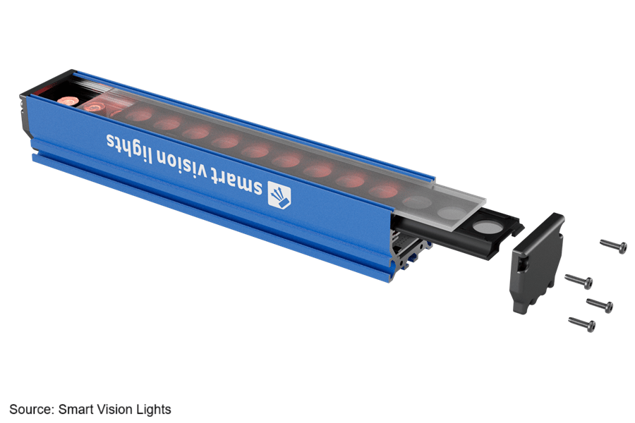 Exploded view of a blue Smart Vision Lights industrial bar light, showing internal components and screws.