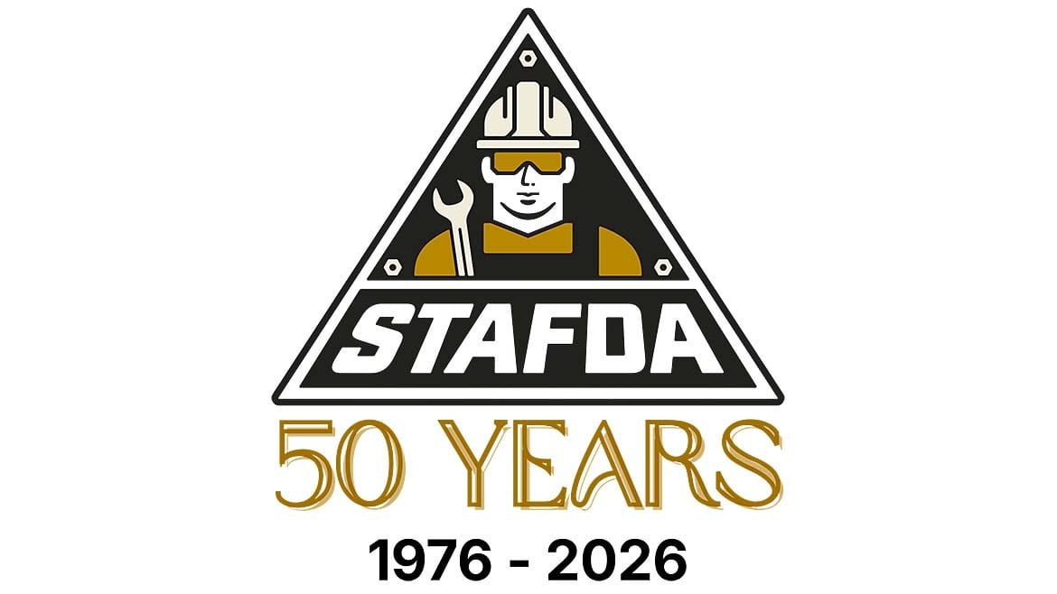 STAFDA 50th Anniversary logo with a worker in a hard hat, goggles, and wrench, dates 1976-2026.