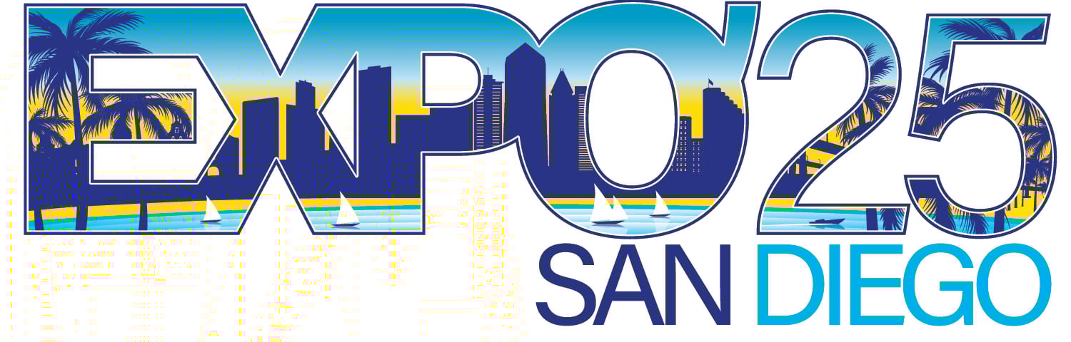 EXPO 25 San Diego logo with cityscape, water, and palm trees within the letters.