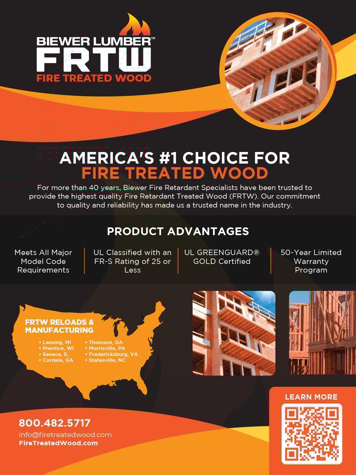 Biewer Lumber FRTW ad: fire-treated wood benefits, UL certified, 50-year warranty, and US locations.