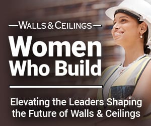 Smiling woman in hard hat and safety vest; text 'Women Who Build, Elevating Leaders in Walls & Ceilings'.