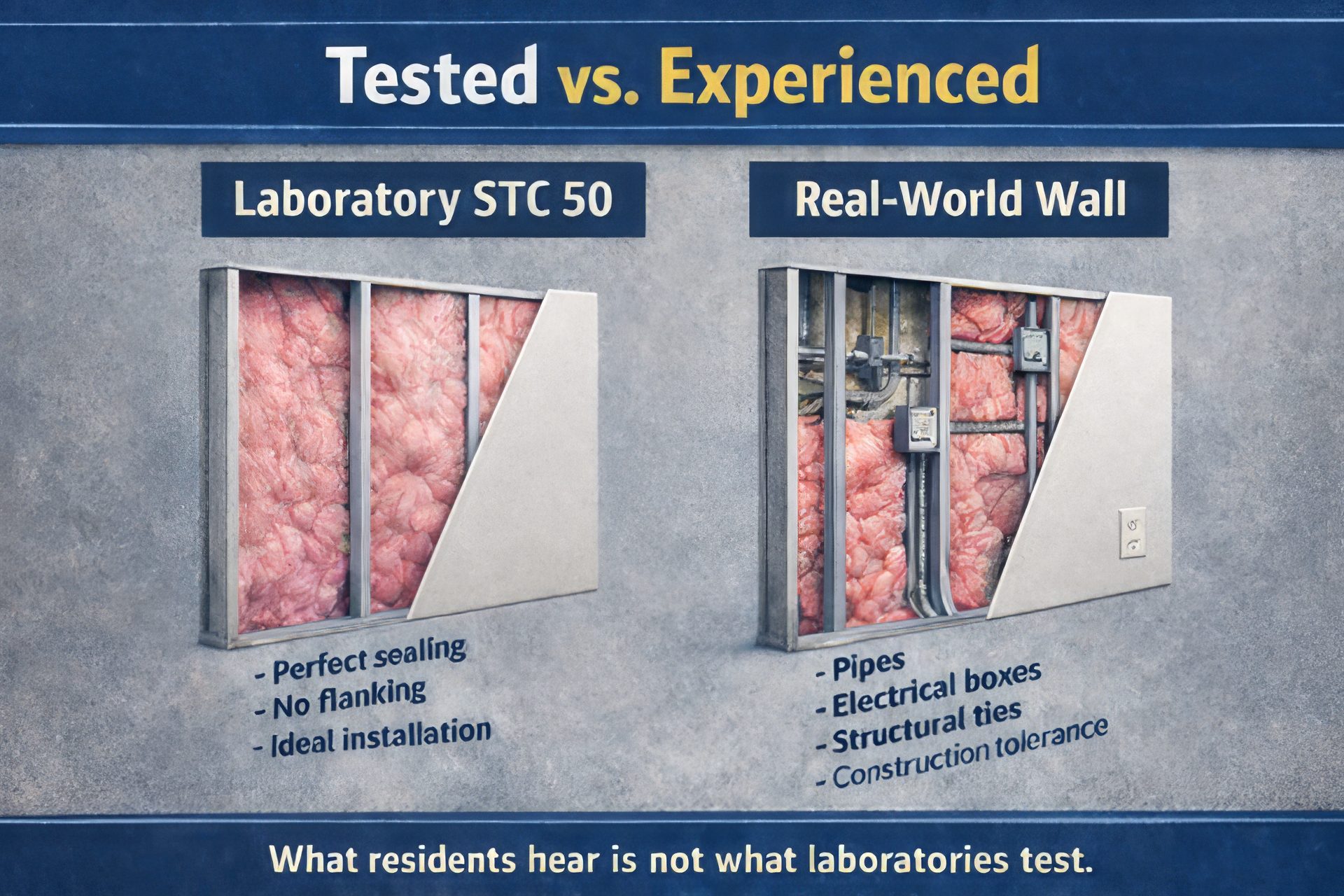 Diagram comparing lab-tested STC 50 sound insulation with real-world wall elements.