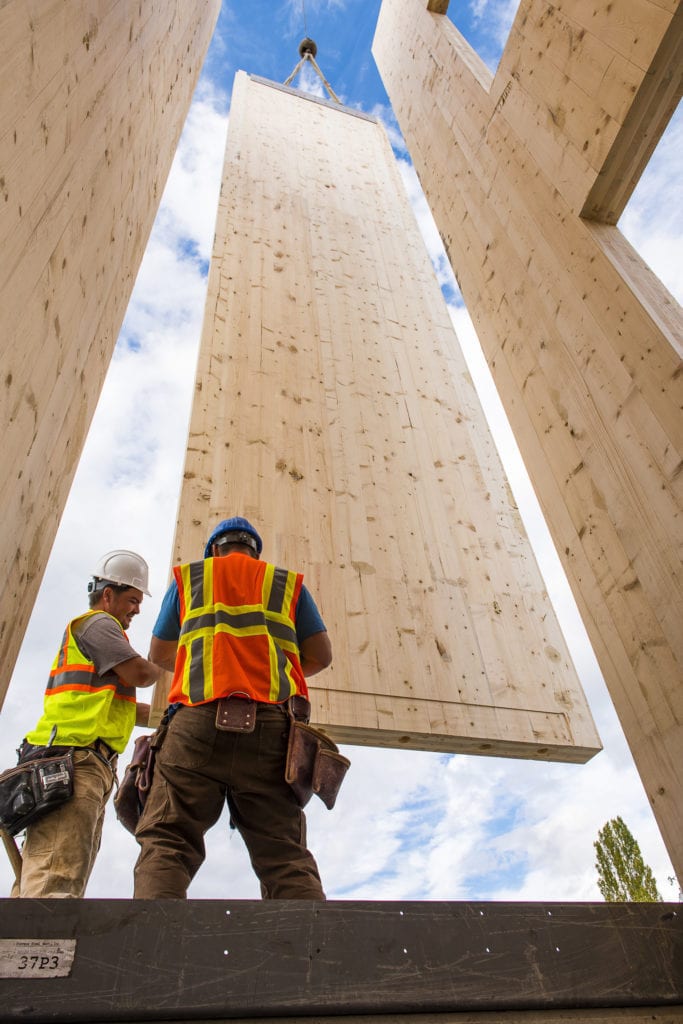 CLT Smart Lam Mass Timber Wall Panel Being Placed On A Jobsite