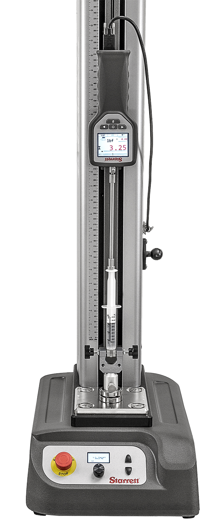 A compression-only style test, making use of a handheld force gage on a motorized FMM test stand. This tester is being used for measuring injection forces for empty syringes.