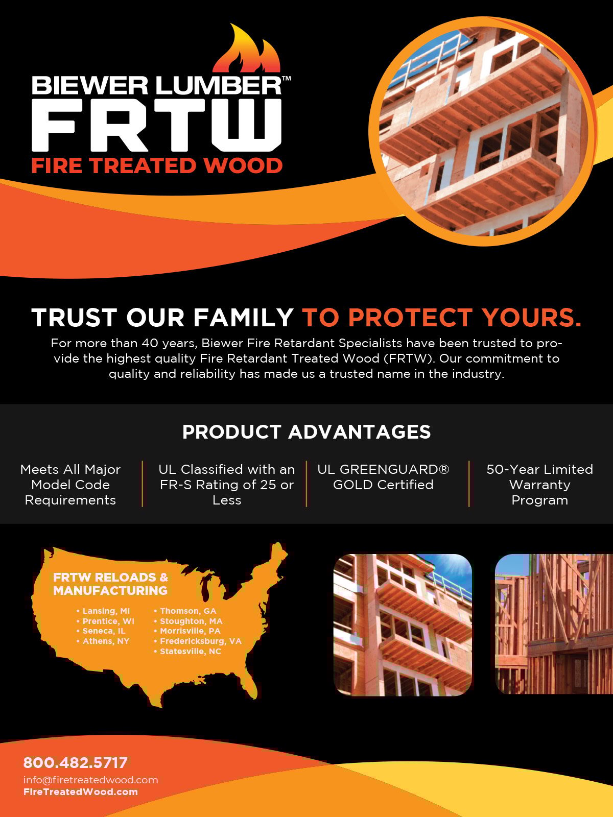 Advertisement for Biewer Lumber's Fire Treated Wood (FRTW), showing product advantages and US locations.