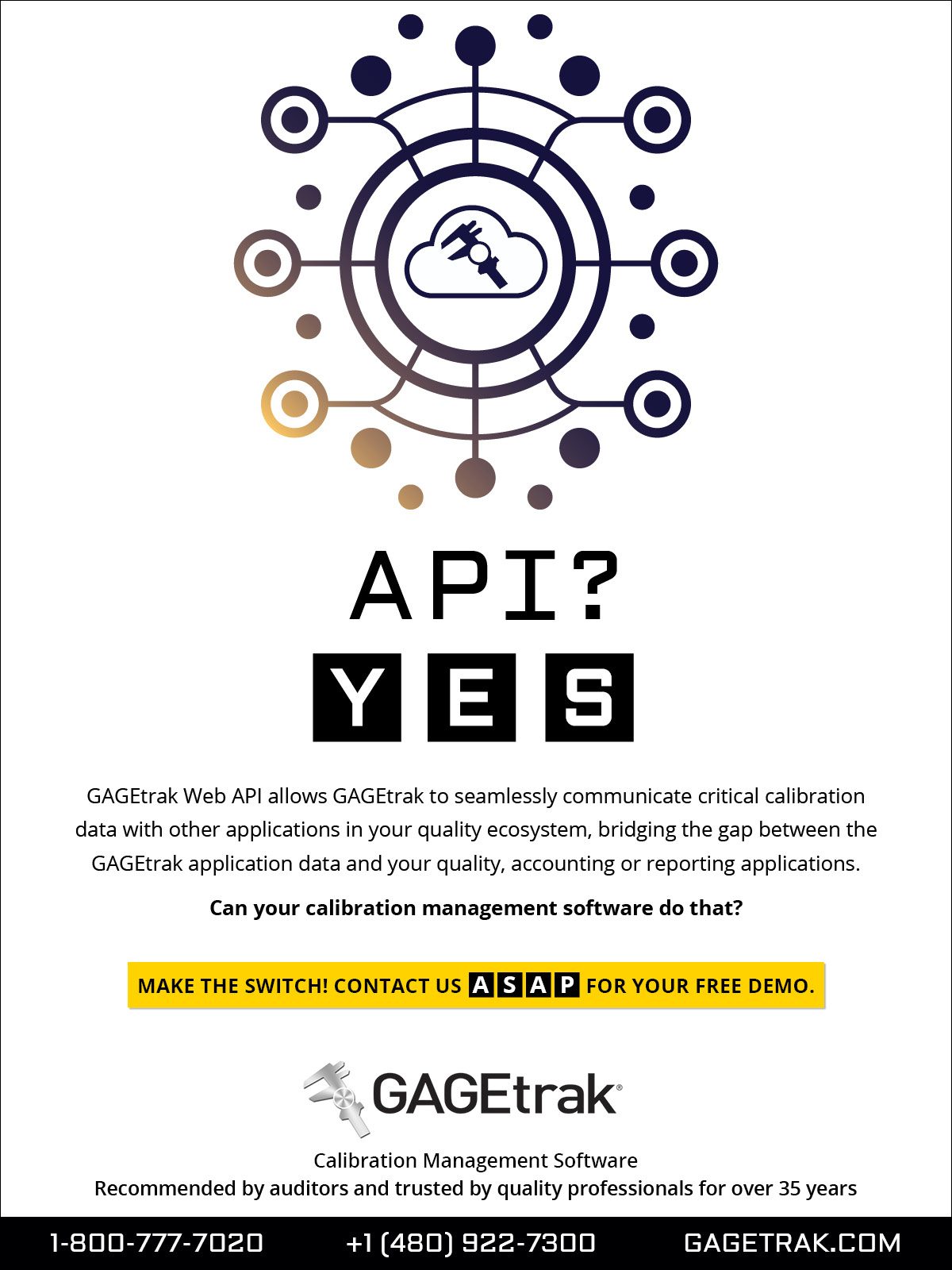 CyberMetrics GAGEtrak ad: "API? YES" for calibration management software, highlighting its Web API for data.