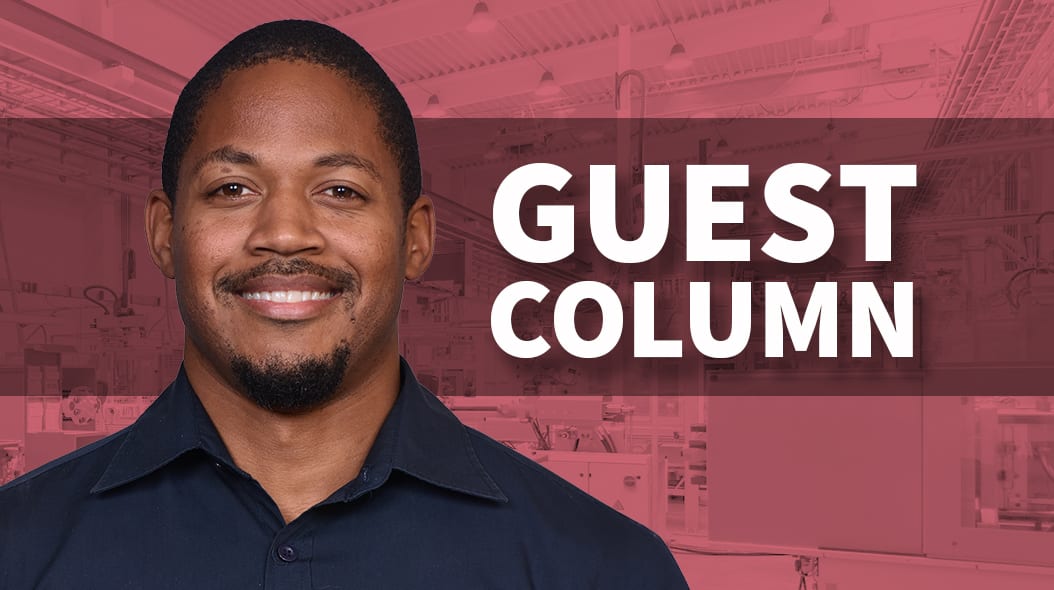 Smiling Black man next to "GUEST COLUMN" text over a blurred industrial background.