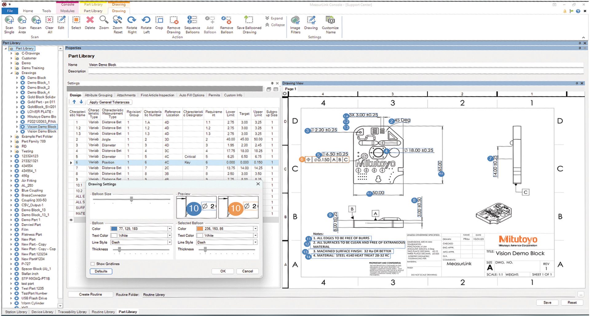 Automated OCR ballooning links each dimension and tolerance from the print directly to real-time inspection data, ensuring faster, more accurate traceability for every measured feature. 