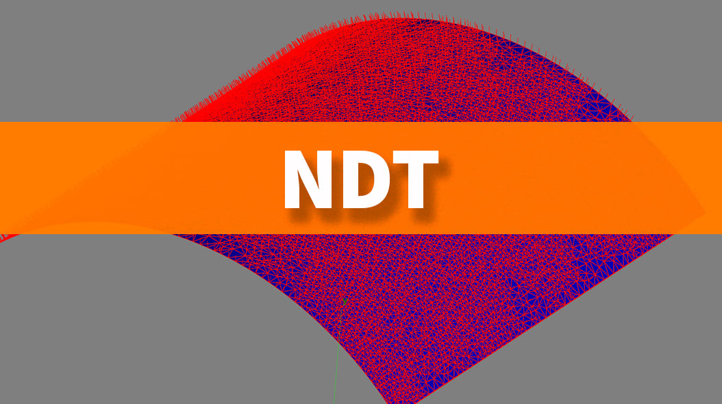 Text "NDT" on orange bar over a red and blue mesh pattern.