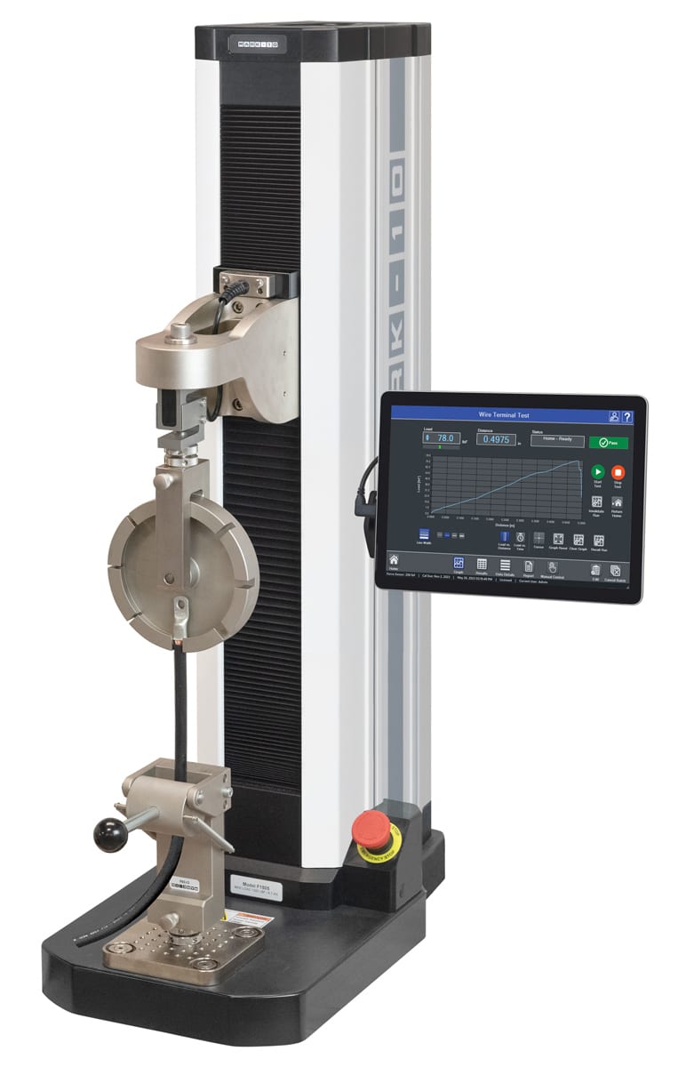 Mark-10 wire terminal testing machine with tablet display.