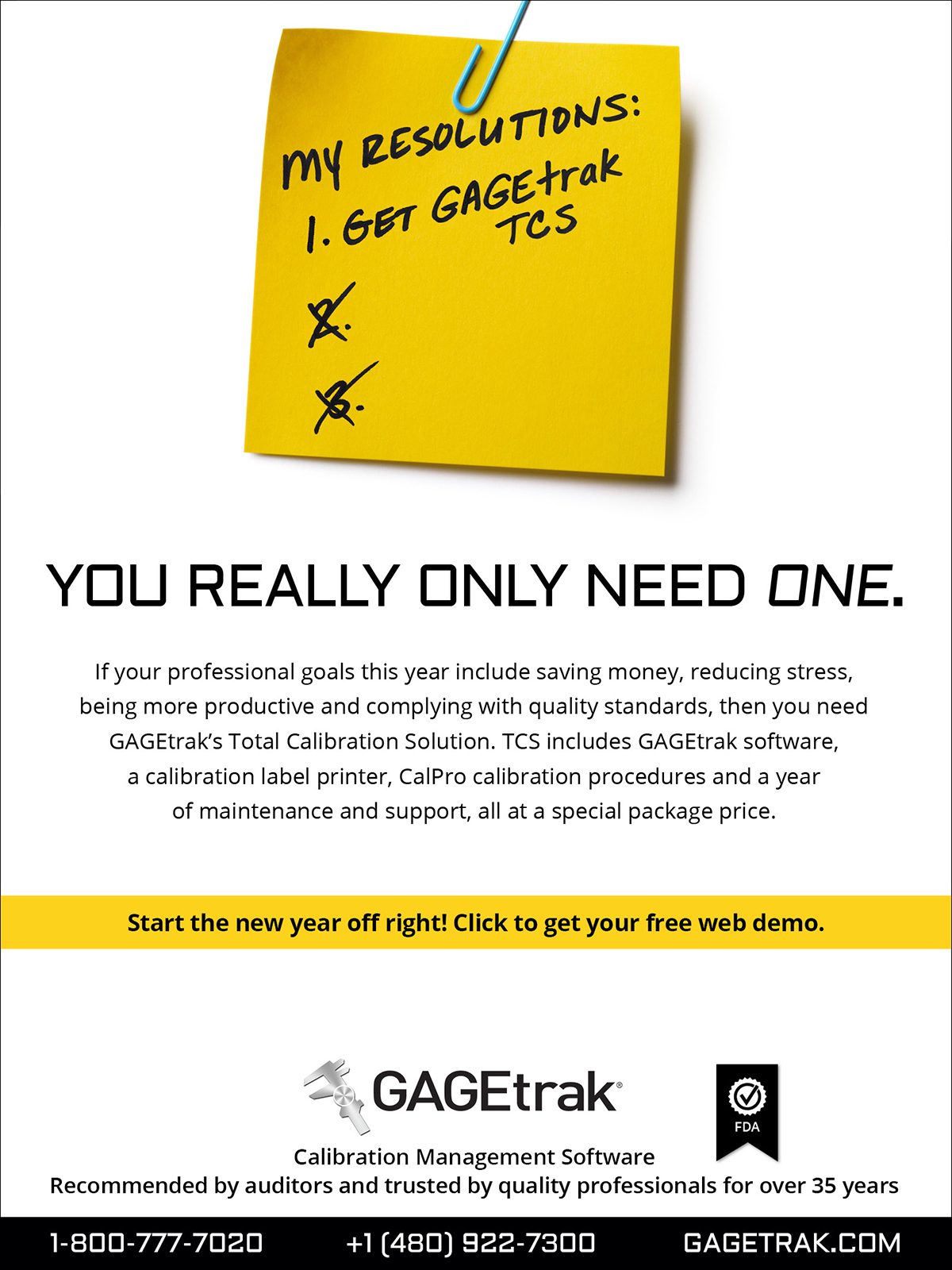 Ad for GAGEtrak Calibration Software. Sticky note says 'My Resolutions: 1. GET GAGEtrak TCS'.