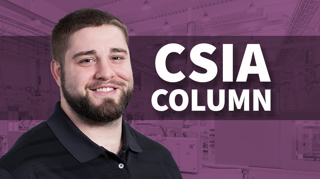 Smiling man's headshot, 'CSIA COLUMN' text over a purple factory background.