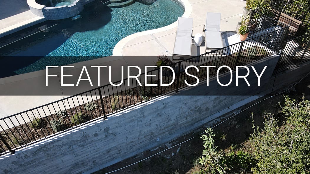 Luxury pool, lounge chairs, and tiered landscaping. Overlay text: FEATURED STORY.