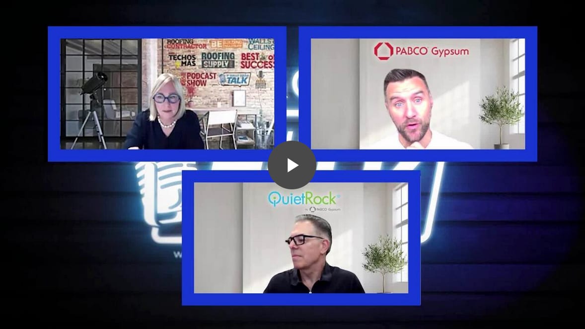 Three people in a video call, framed with PABCO Gypsum, QuietRock, and podcast branding.