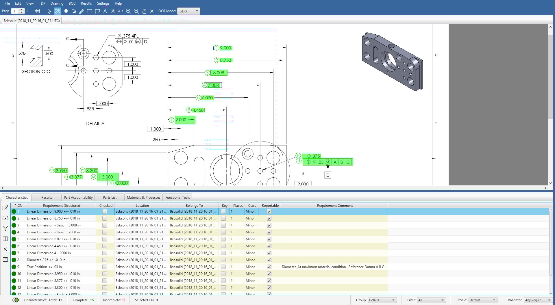 Engineering drawing with numbered dimensions, characteristics table, and 3D model.
