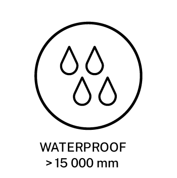 Waterproof icon with four drops and text: WATERPROOF > 15 000 mm.