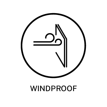 Windproof icon with wind blowing against a surface.