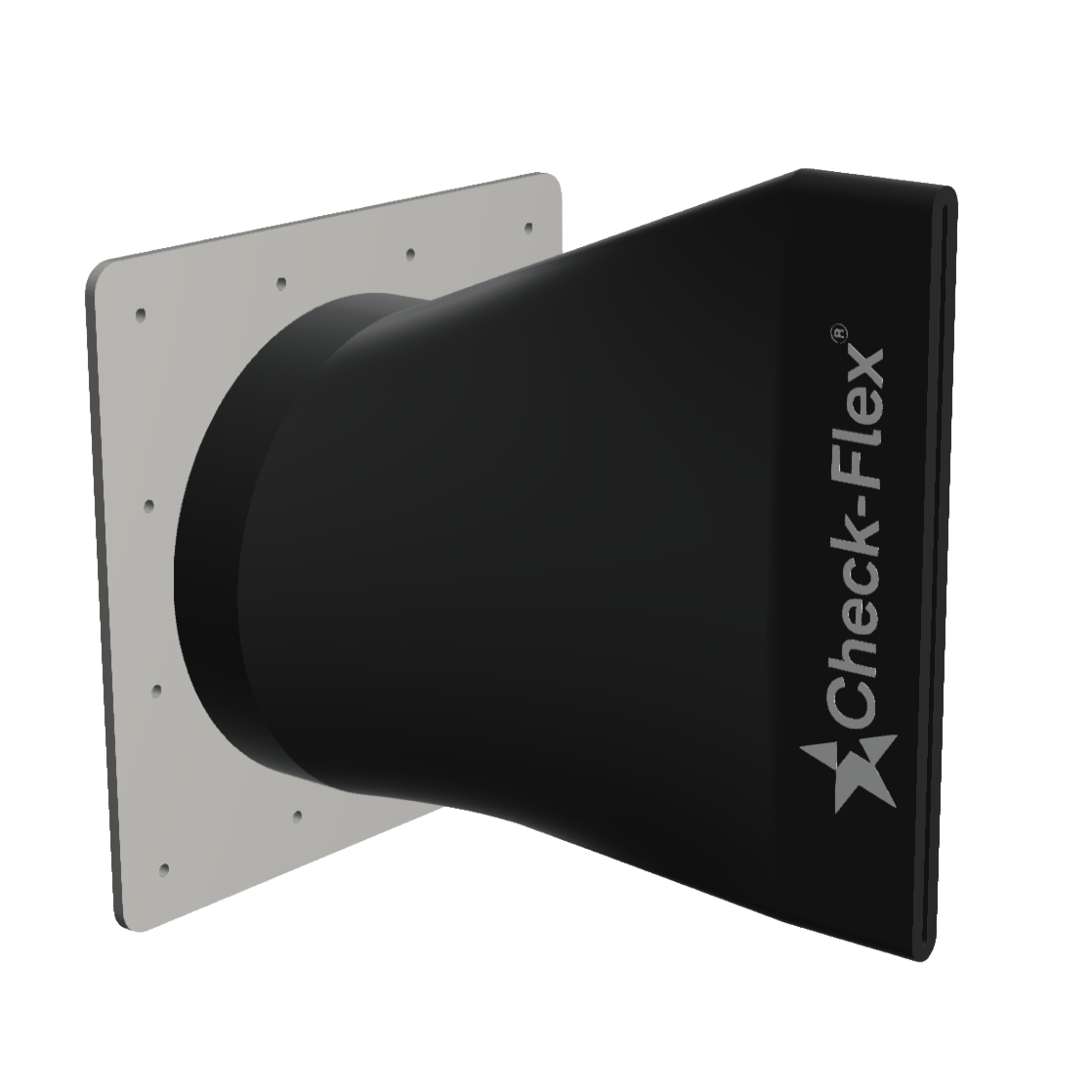 Black flexible duct connector with a gray mounting plate and "Check-Flex" logo.