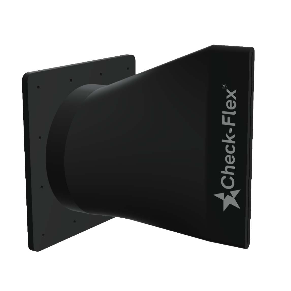 A black Check-Flex duct/vent component with a square mounting flange and a flared, rectangular opening.