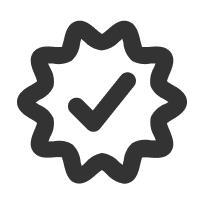 Dark grey checkmark inside a wavy badge on a dark green background, indicating verification or success.