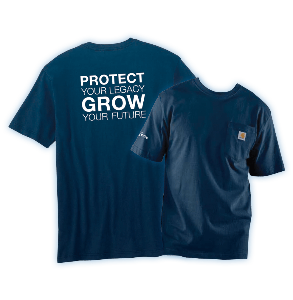 Two blue t-shirts: back reads "PROTECT YOUR LEGACY GROW YOUR FUTURE"; front has Carhartt logo, Syngenta.