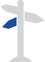 Grey signpost with two directional arrows and a blue flag.