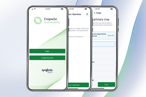 Cropwise Sustainability app by Syngenta Digital on three smartphone screens.