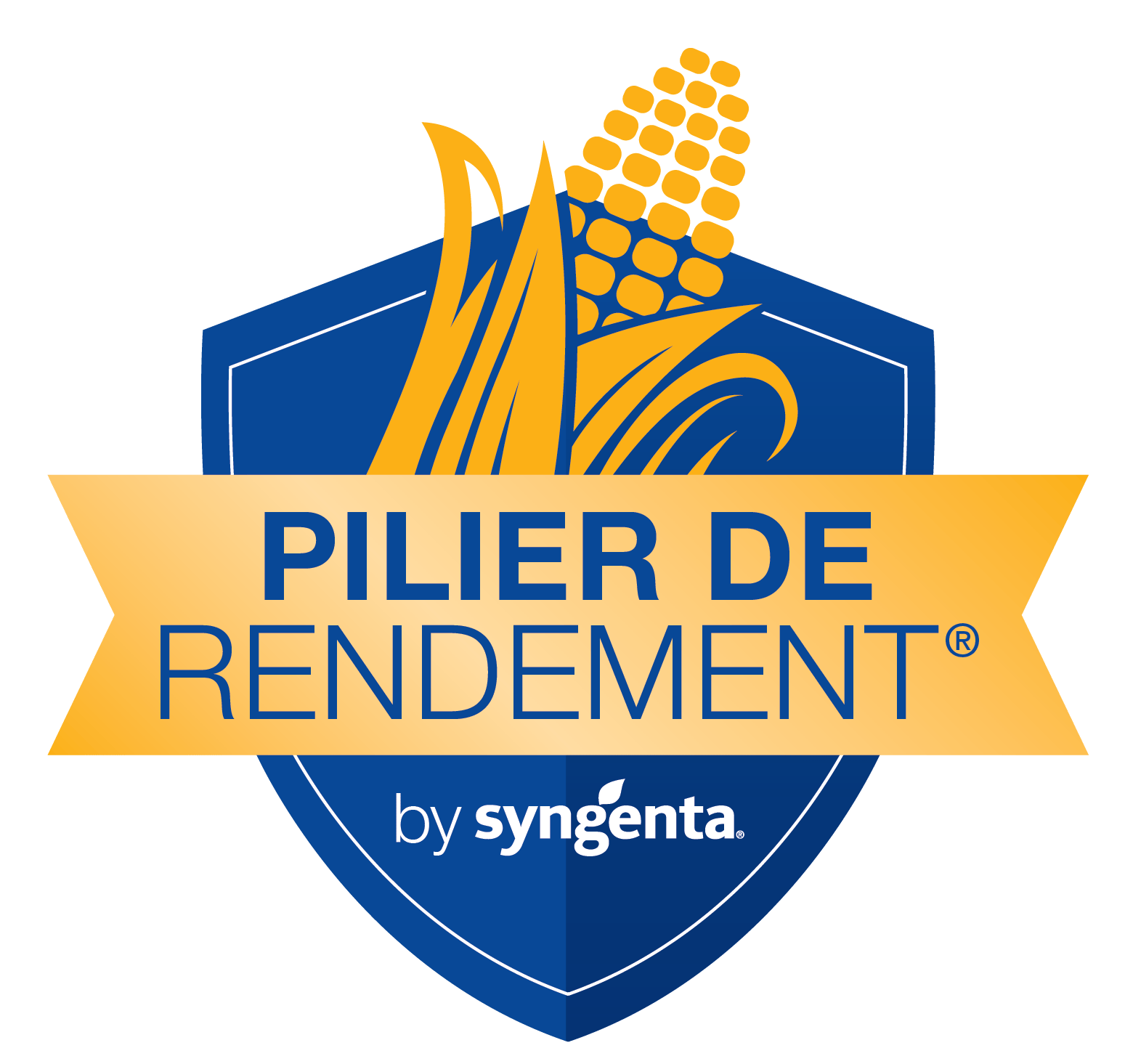 Blue shield logo with yellow corn and ribbon text: "PILIER DE RENDEMENT® by syngenta®".