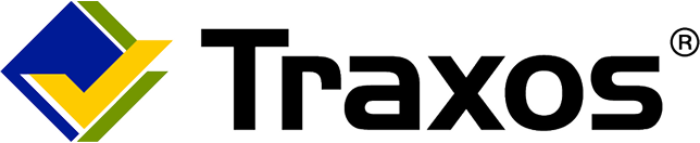 Traxos logo: a blue diamond with a yellow checkmark, then black text "Traxos" and a registered trademark symbol.