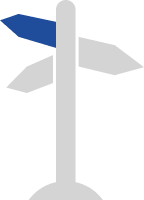 Signpost with a blue arrow pointing left and two gray arrows pointing right.