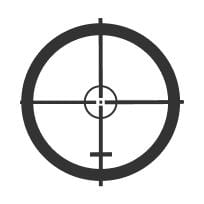 A dark grey crosshairs target symbol with a large outer circle, intersecting lines, and a small central circle.