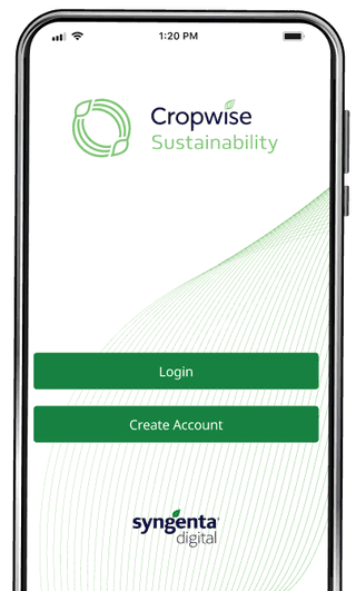Smartphone displaying the Cropwise Sustainability app login screen with logo and login/create account buttons.
