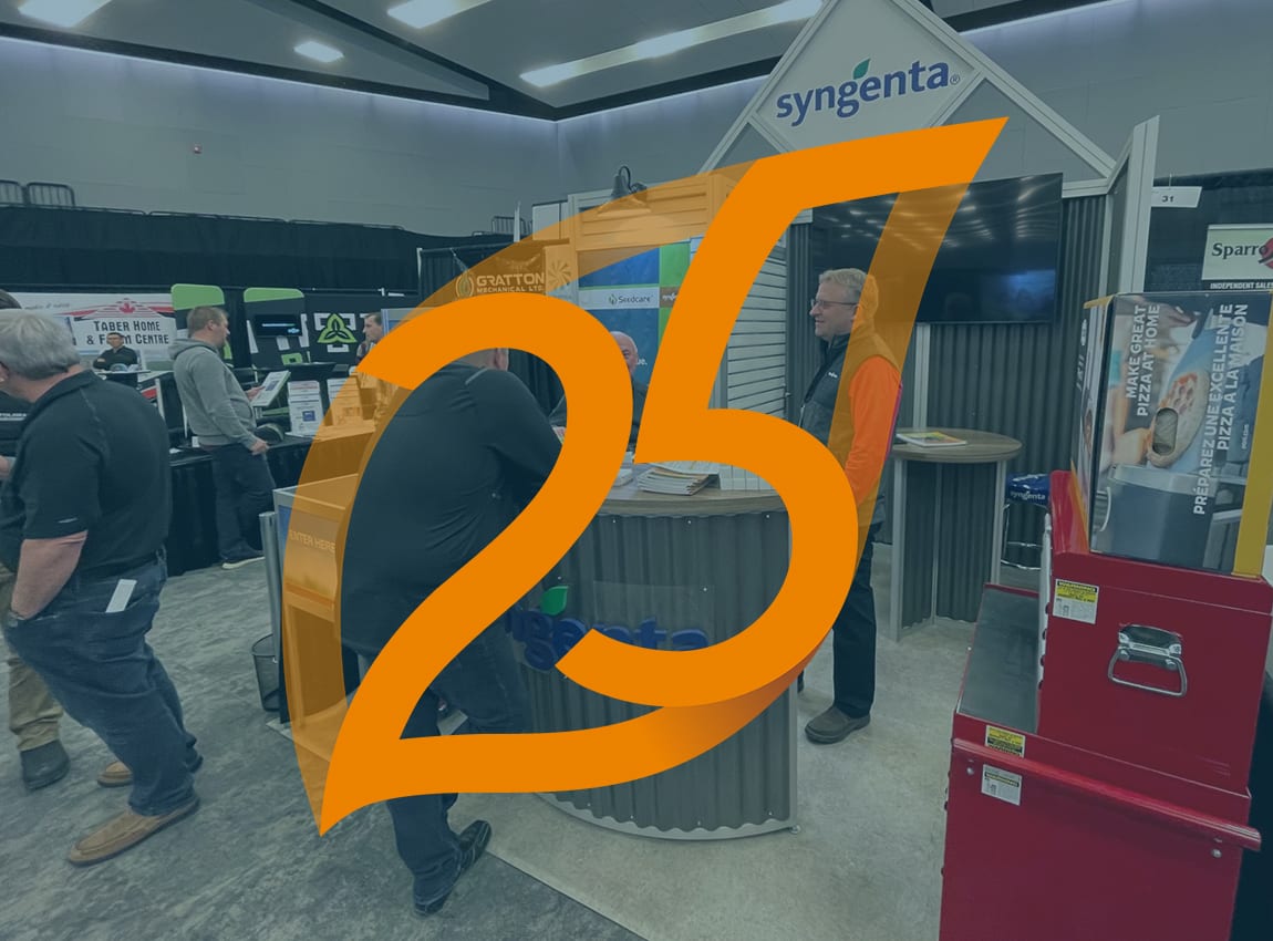 APIA tradeshow booth with 25 years of innovation graphic overlaid