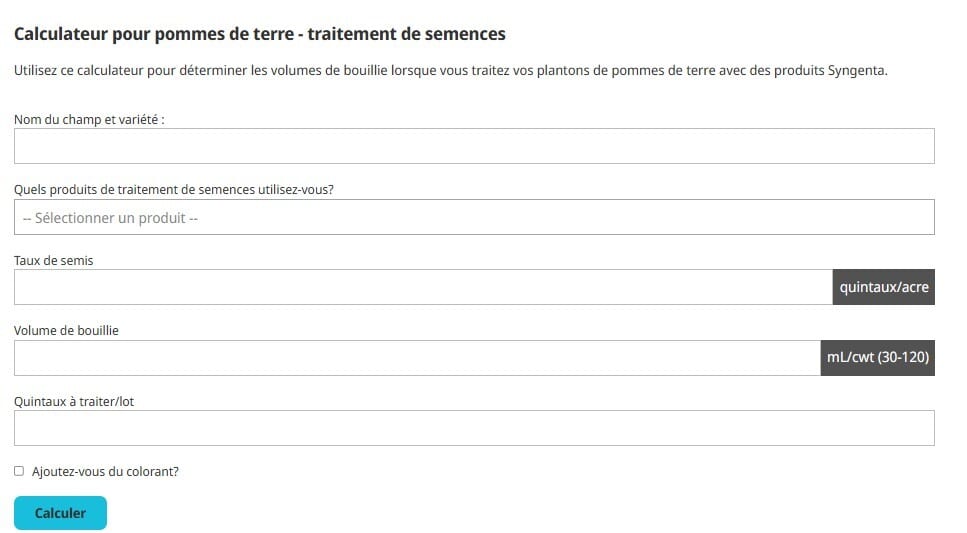 écran d’introduction du calculateur pour pommes de terre