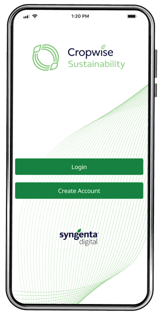 Mobile phone showing "Cropwise Sustainability" app login screen with login and create account buttons.