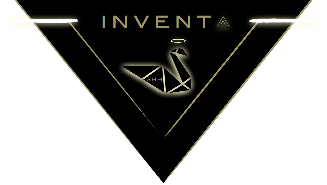 "INVENTA" logo: black & gold inverted triangle, geometric swan with "SHH...".