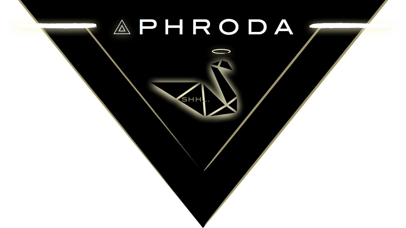 Aphroda logo: black V shape, 'APHRODA' text, geometric swan with halo & 'SHH..'.